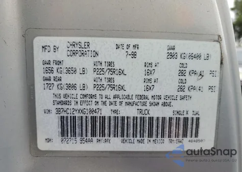 1999 Dodge Ram 1500 из США, поврежденный, VIN 3B7HC12YXXG100471